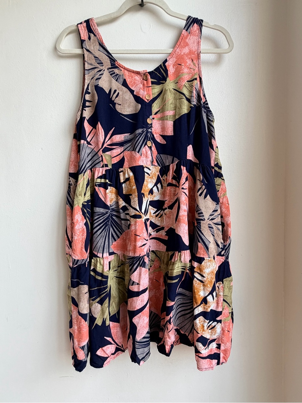 Raya Sun Tropical Floral Tiered Mini Dress Women's Large Rayon Pockets